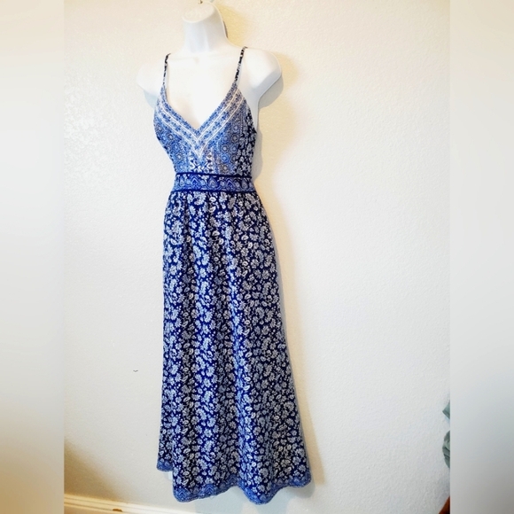 ZARA Boho Maxi Slip Dress Open Tie Back Blue & White Paisley Print Triangle - Picture 7 of 8